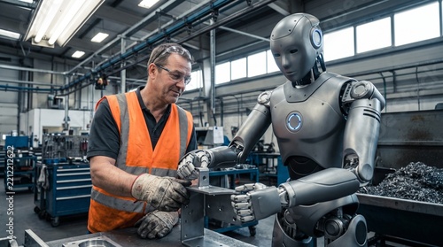 Humanoid robot and industrial worker collaborating in modern factory