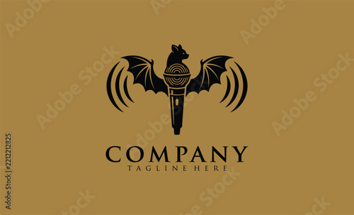 A professional logo design on a gold background featuring a dark torch icon with bat wings and sound wave elements