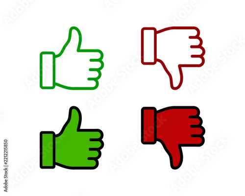 Set of like and dislike hand sign icons with thumbs up and thumbs down symbols in green and red