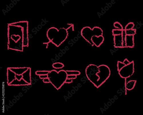 Set of cute red hand drawn valentine day icons on a black background