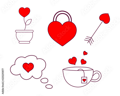 Set of cute hand drawn red heart icons for valentines day greeting cards and romantic wedding design