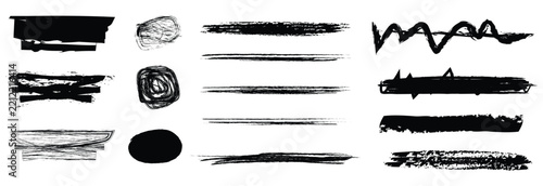 Set of black ink brush strokes, chalk lines and hand drawn scribbles grunge texture, graphic design elements