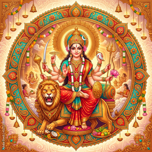 Maa Durga Traditional Goddess Portrait Lion Navratri Ornate Festival Vector Illustration