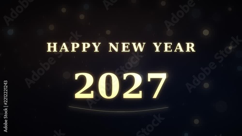Happy New Year 2027 Luxurious Golden Text with Metallic Sheen and Diamond Sparkles over Champagne Bokeh and Falling Glitter, Seamless 4K Loop, Glamour Holiday Greeting