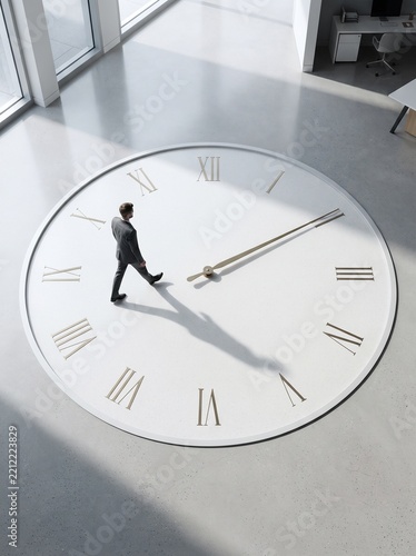 A businessman walking across a large clock face on an office floor with giant clock