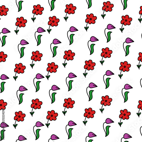 vector seamless pattern with hand drawn doodle red flowers and purple tulips vector illustration