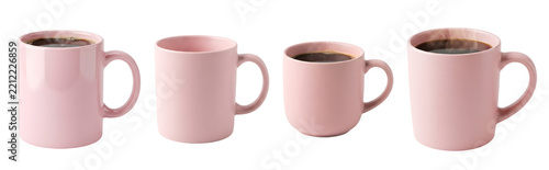 Multiple ceramic pink coffee mugs filled with hot dark beverage arranged neatly across a clean studio lighting environment shown on transparent background