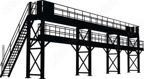 1. Vector illustration black silhouette of industrial elevated catwalk platform with stairs and safety railings