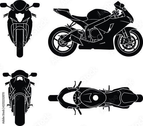1. Vector blueprints set of sport motorcycle silhouettes from front back side and top view