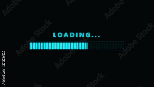 Digital loading bar concept with glowing blue segments indicating progress on a dark background for technology concepts