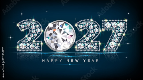 New year 2027 luxury big diamond gemstone numbers. Black background with blue glow.