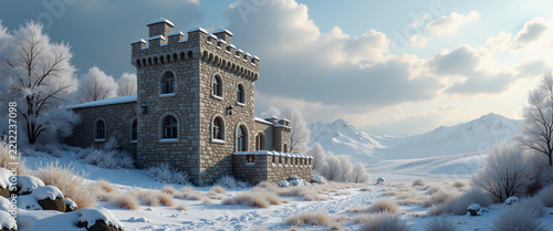 Hoar frost covered castle in snowy landscape with cold blue light for travel magazines and fantasy book covers
