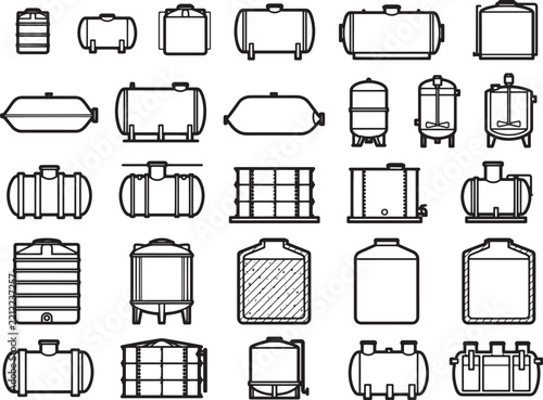 A collection of various industrial storage tanks and containers, presented in a clean, vector-style illustration with line art detail, showcasing different shapes and sizes for storage solutions.
