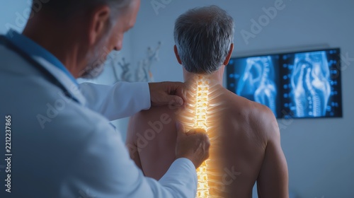 Doctor examining patient's spine with X-ray.