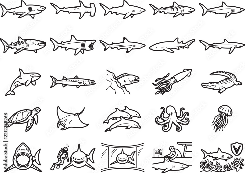 Obraz premium A collection of hand-drawn illustrations depicts various marine life and underwater scenes, showcasing sharks, dolphins, a turtle, a squid, and a diver in a stylized black and white graphic style.