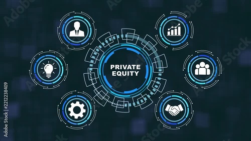 Private equity concept motion featuring animated digital interface for financial investment strategy, corporate growth, business management, and capital market analysis presentations