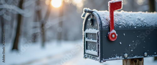 Hoar frost on mailbox metal surface winter close-up for rural lifestyle blogs and seasonal postcards