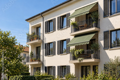 Residential facade with awnings and exterior shutters