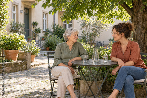 Neighbors talking in a shaded residential courtyard