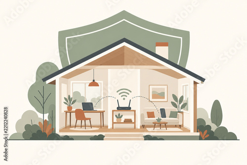 Secure home network - flat illustration