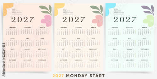 One Page Calendar 2027. Week starts on Monday. Set of 3 calendar templates for wall and desk use. Pastel floral annual layouts with large flowers and serif typography. English vector.