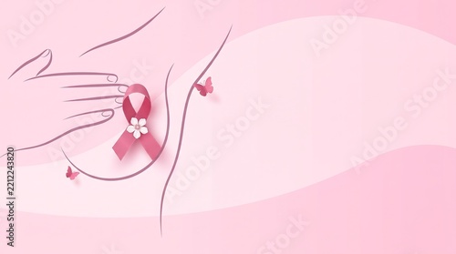 Breast cancer awareness concept with pink ribbon and hand outline against pastel background for women health campaigns.