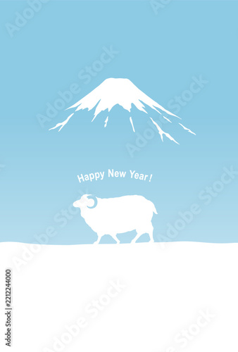 未年の年賀状テンプレート　雪景色の富士山と羊