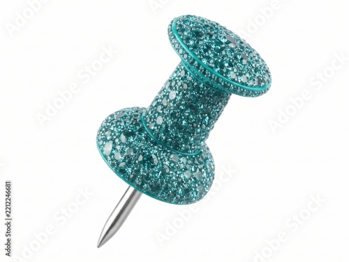 Green glittery push pin on white background