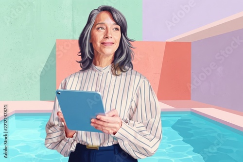 Professional woman holding digital tablet with colorful abstract background