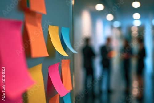 Colorful sticky notes on a glass wall with blurred people in the background, suggesting a brainstorming or collaborative office environment.