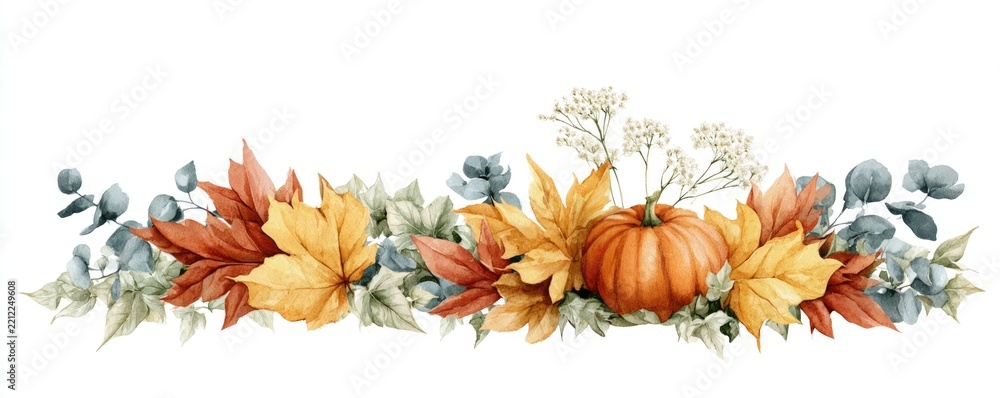 Fototapeta premium A watercolor autumn border featuring a pumpkin, colorful fall leaves, and delicate white flowers.