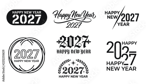 Happy New Year 2027 typography logo collection featuring script calligraphy gothic numbers badges and minimalist emblem design elements