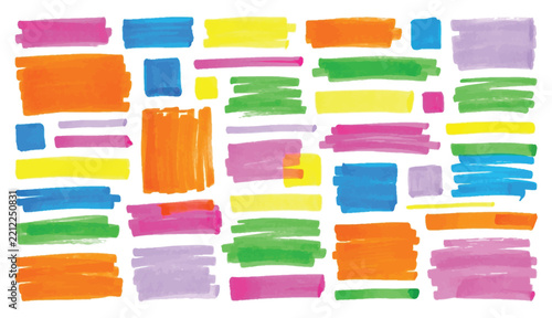 Set of colorful neon highlighter marker strokes ink scribbles lines and background color blocks isolated on white