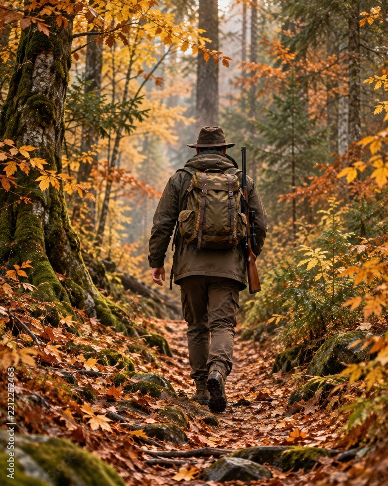 Fototapeta premium Hunter with backpack and rifle walking along a forest trail surrounded by autumn foliage, capturing wilderness exploration, hunting season, outdoor adventure, trekking and nature travel.