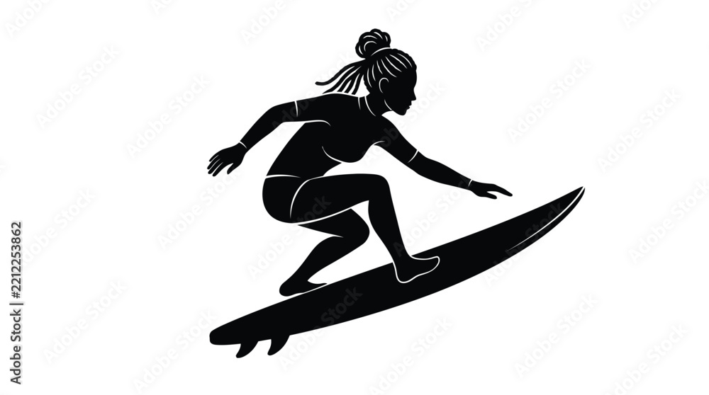 Naklejka premium Surfer girl silhouette vector illustration riding surfboard with long hair and athletic body shape