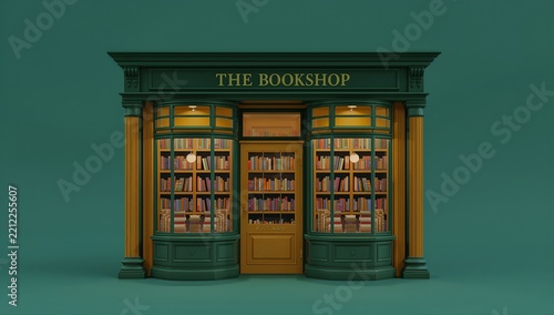 Elegant 3D Illustration of Classic Bookstore Facade with Green and Gold Details