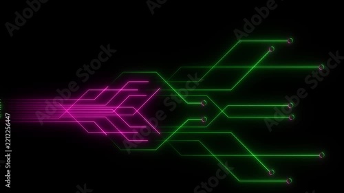 Futuristic purple Digital circuit chipset board processor pattern. purple circuit board shiny technology motion design. purple lines illuminate a black background, electronic circuit