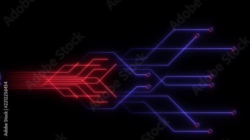 Futuristic purple Digital circuit chipset board processor pattern. purple circuit board shiny technology motion design. purple lines illuminate a black background, electronic circuit