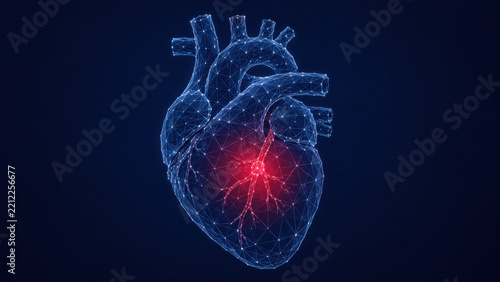 Digital low poly human heart with glowing red center, connected dot mesh on dark navy background, cardiovascular disease medical concept illustration