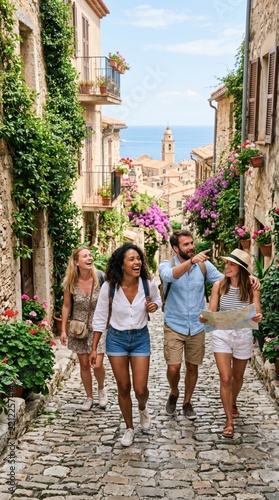 Group of tourists walking down cobblestone street with pink flowers holding map at Amalfi coast with sea view.