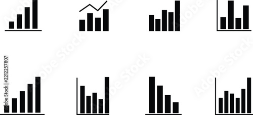 Collection of black bar chart icons illustrating business growth, financial statistics, data analysis, and market performance trends
