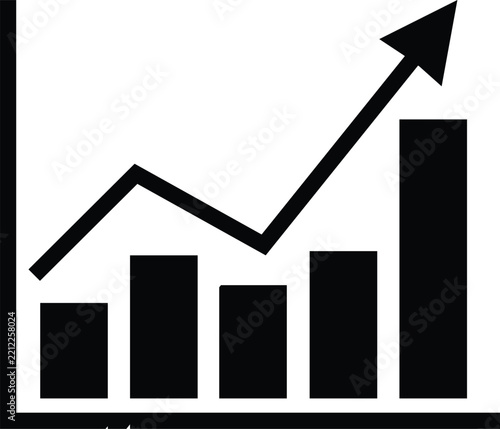 Business analytics chart with rising bars and upward arrow representing financial growth and market success