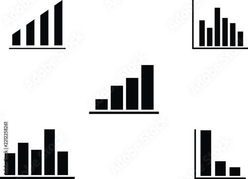 Set of five black bar chart icons showing business growth, statistical data, financial performance, and market trends isolated on white background