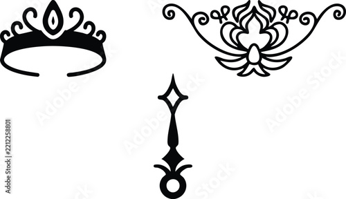 Decorative royal ornament icon set with elegant crown, floral emblem and magical wand symbols for luxury design and fantasy themes