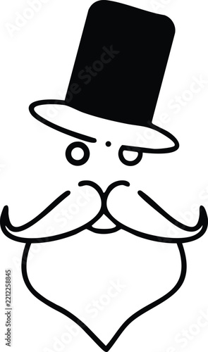 Elegant gentleman face line art with top hat and curled mustache isolated on white background