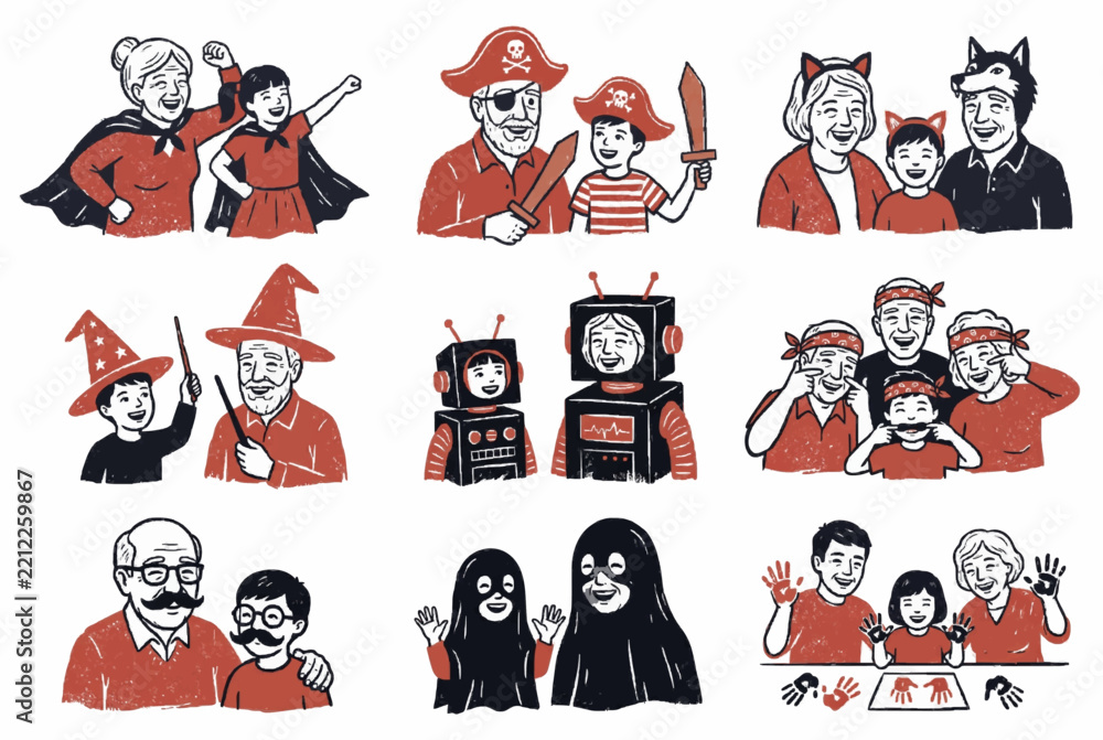 Obraz premium Family Costume Party Linocut Icon Set
