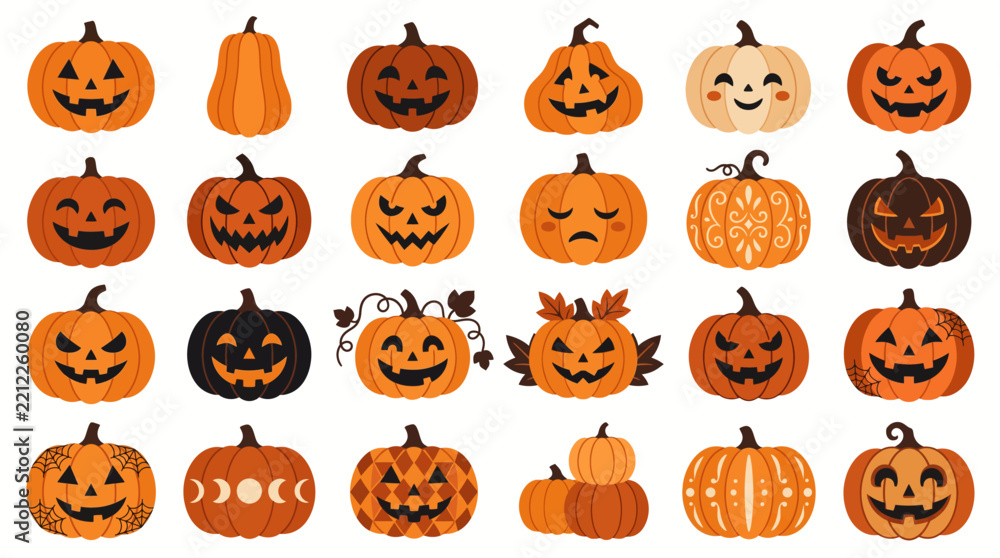 Obraz premium Large Collection of Flat Halloween Pumpkin Icons featuring Scary and Cute Jack-o'-lantern Faces, Autumn Leaves, and Spider Web Patterns isolated on White for Festive Digital Marketing Assets.