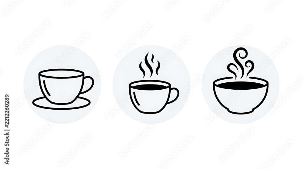 Obraz premium Simple coffee cup icons with steam in a row