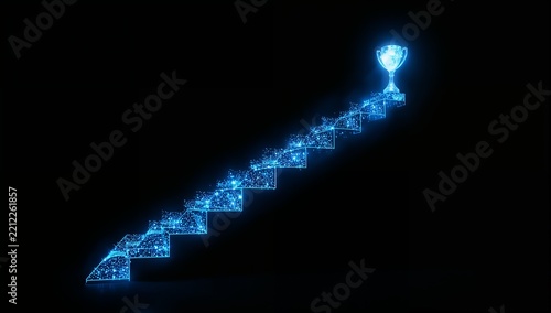 Digital Digital Staircase Leading to Trophy, Success, Achievement, Winner