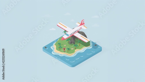 Isometric Illustration of Small Island with Plane Flying Over and Port Area Present